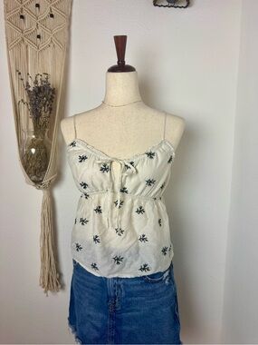 Embroidered Cream Spaghetti-Strap Tank Top